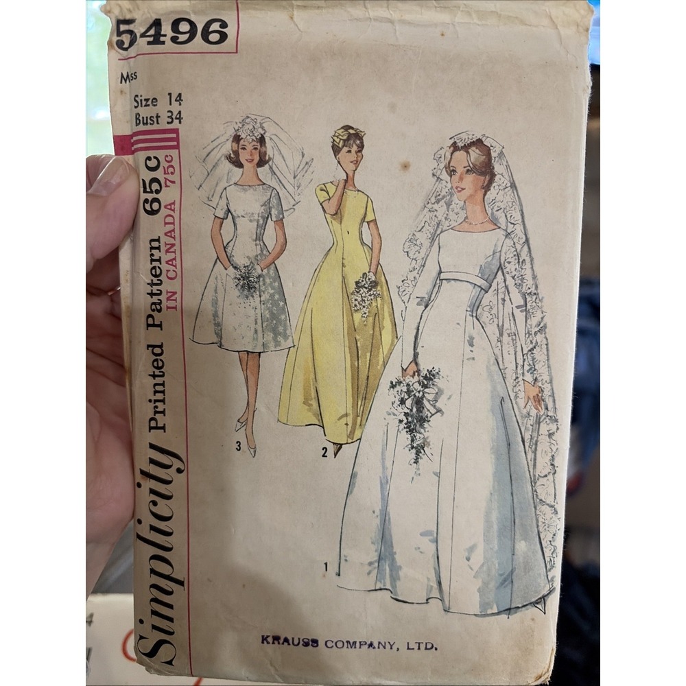 Vintage 1960s Simplicity 5496 Bride Dress Pattern Size 14 Bust 34 Uncut